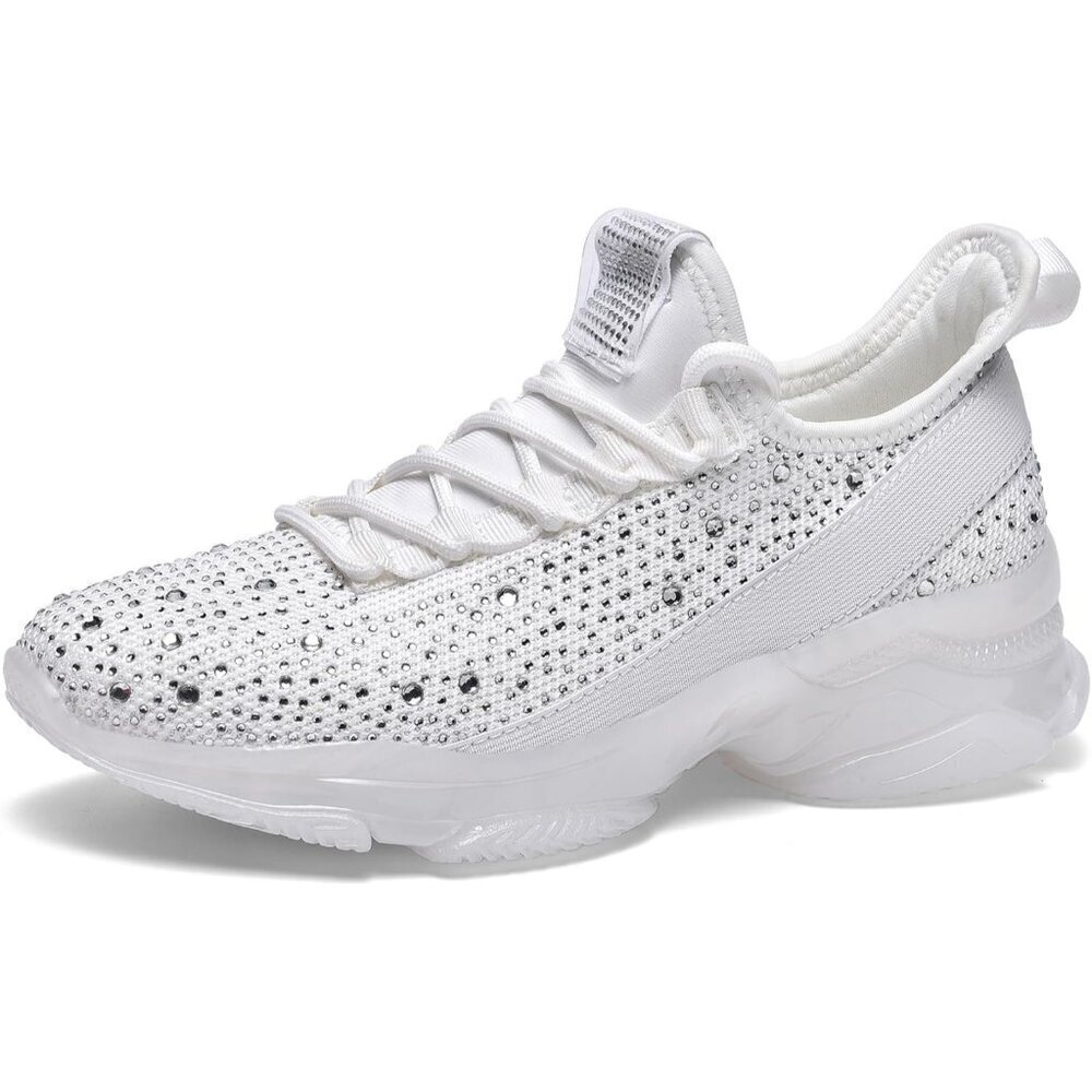 🆕 Women's Rhinestone Mesh Slip Walking Shoes Breathable Glitter Sneaker White